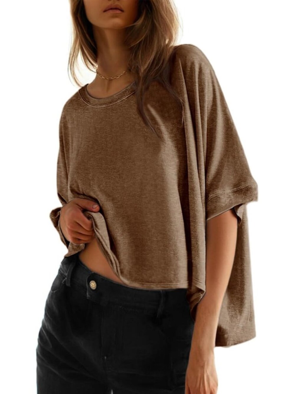 Women's Brown Round Neck Casual Crop Tops Short Sleeve Pull On Basic Tee Shirts